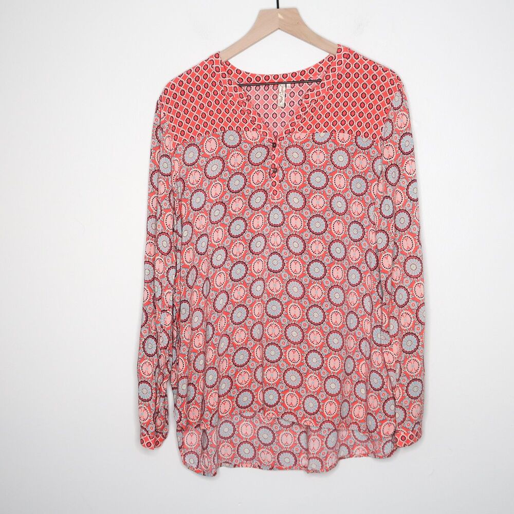 Red Camel Womens Henley Blouse Size Large Pink Blue Boho Popover